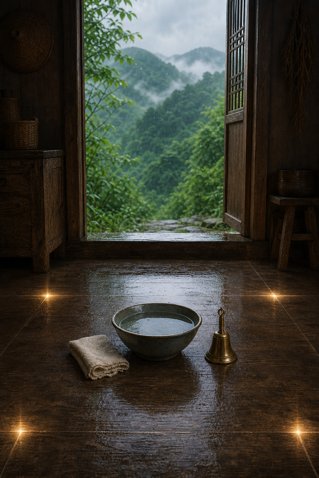 A water bowl, cloth, and bell in a clean mountain room after rain.