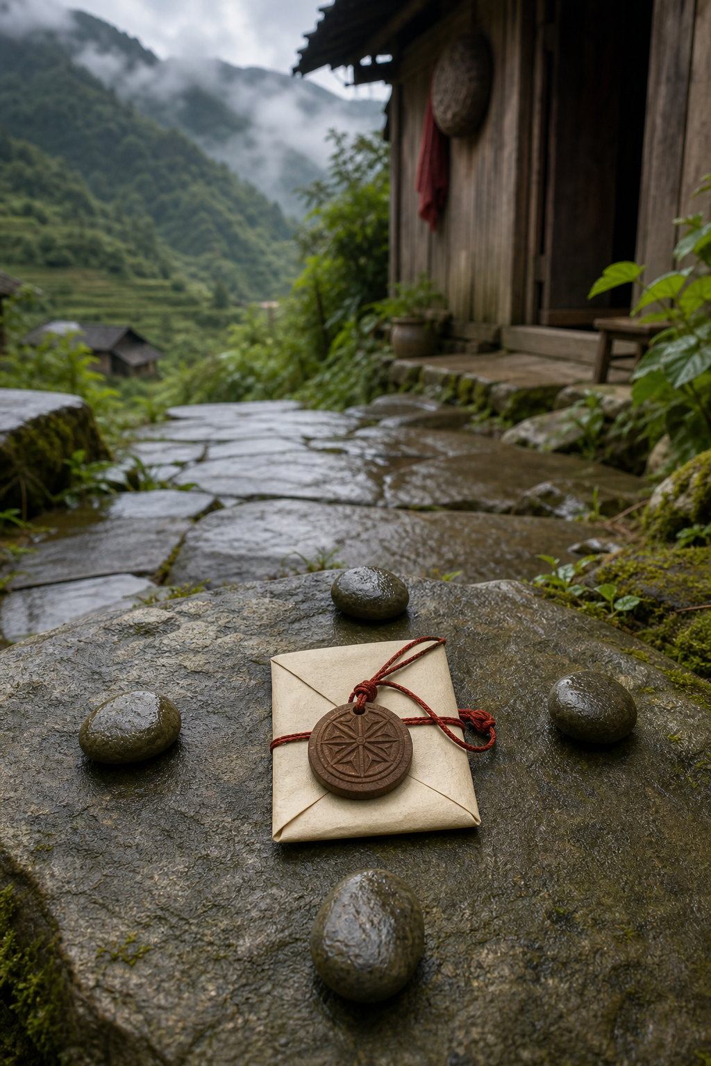A folded protection charm on wet stone before a Guizhou mountain path.