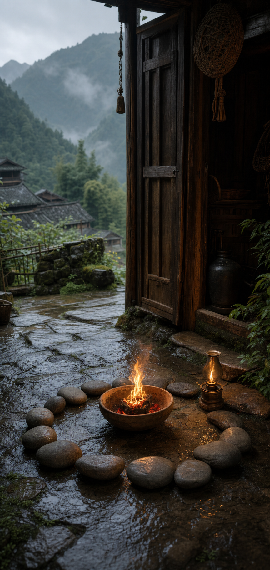 A small night fire in a clay bowl on a wet Guizhou mountain threshold.